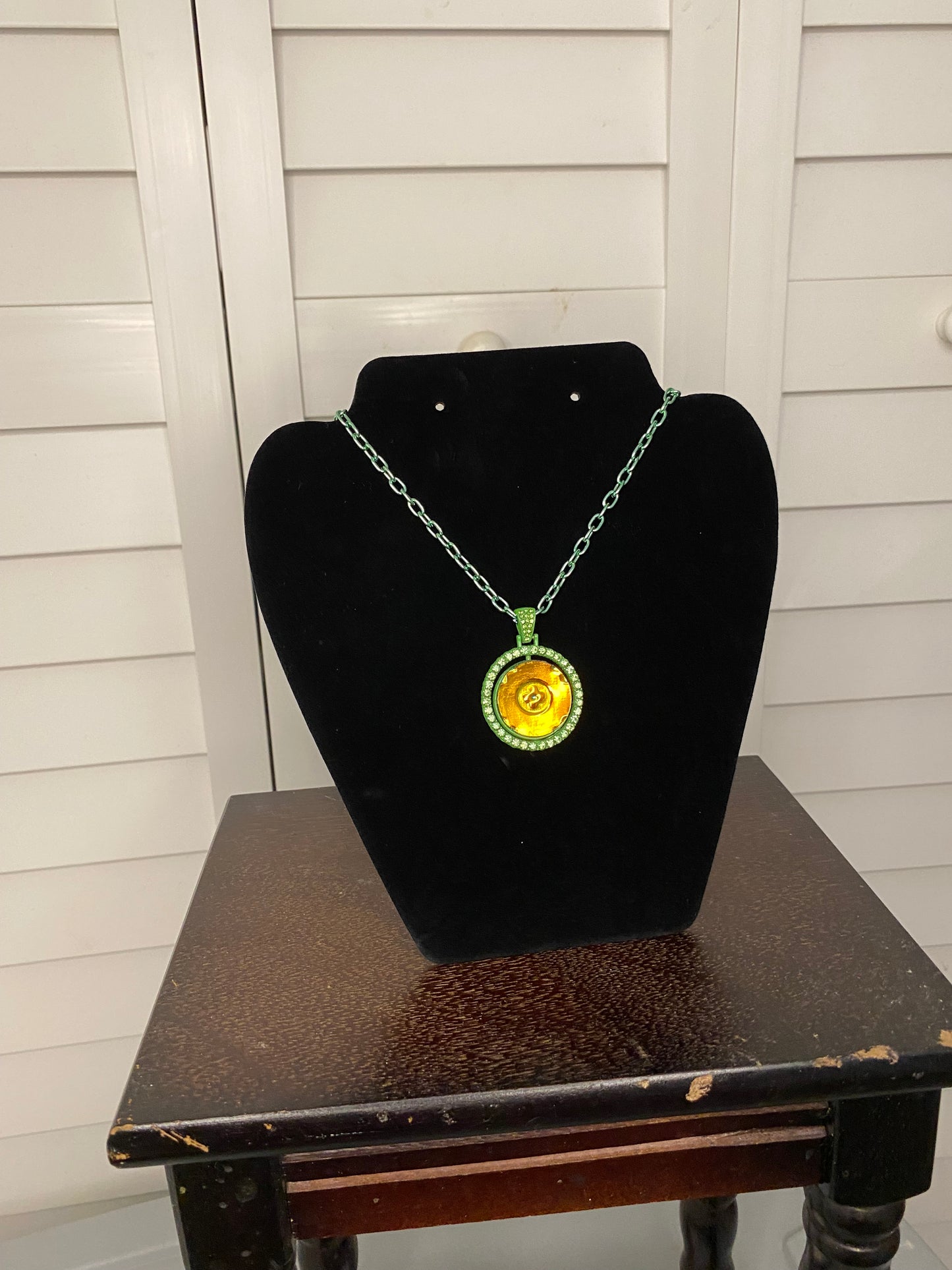 Green & Gold Handmade Designer Upcycled Reversible Pendant Necklace