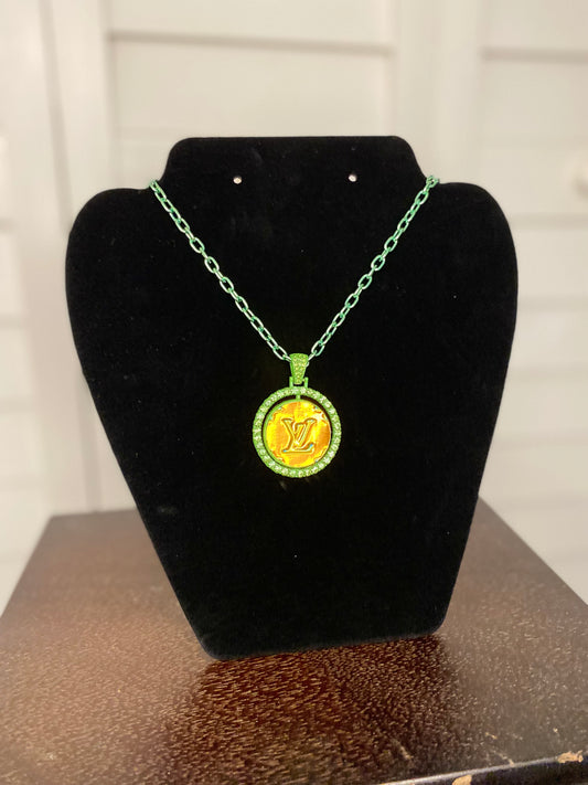 Green & Gold Handmade Designer Upcycled Reversible Pendant Necklace